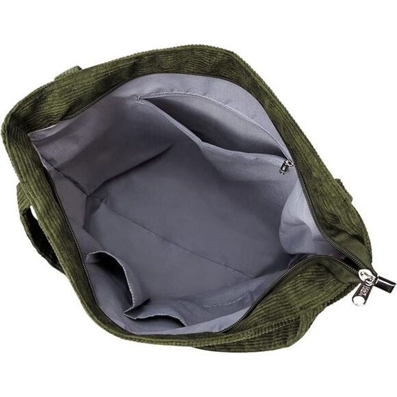 Women Army Green Imported Corduroy Casual Big Capacity Shoulder Tote Handbag - Picture 4 of 4